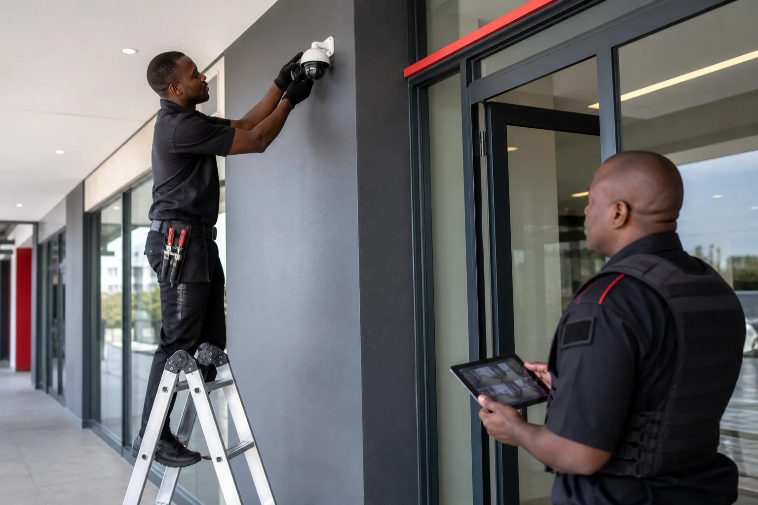 Security technician installing CCTV at a commercial property